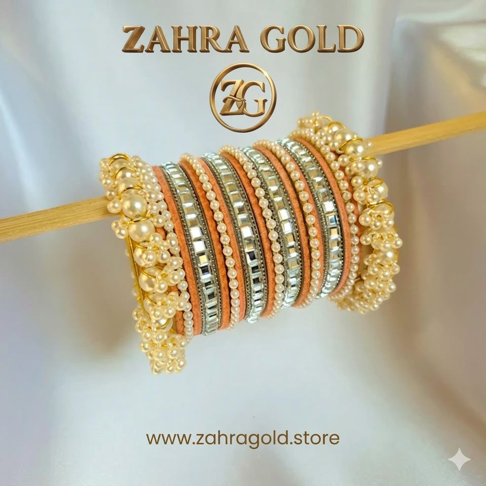 Peach Tetra Silver Karra Bangles Set
